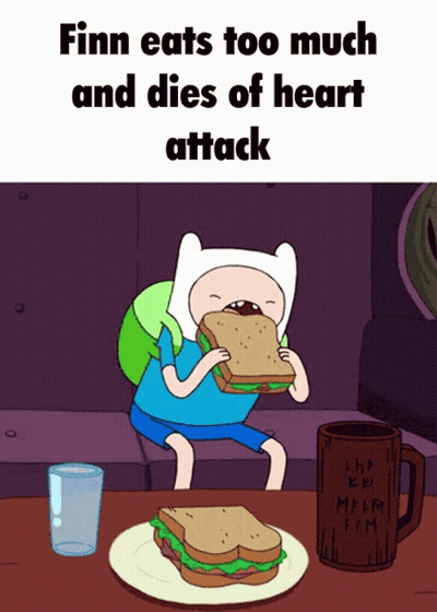Finn Eats Too Much And Dies Of Heart Attack While Eating A Sandwich GIF