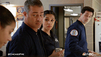 Firefighters In Kitchen With NBC Logo GIF
