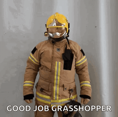 Fireman In Helmet And Gloves Says Good Job Grasshopper GIF
