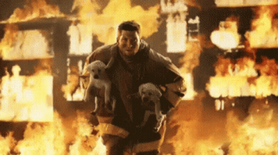 Fireman Running Through Burning Building Holding Two Puppies GIF