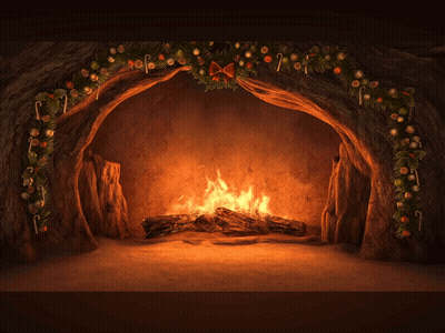 Fireplace Decorated For Christmas With Green Gift Box GIF