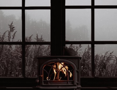 Fireplace In Front Of Window With Forest View GIF