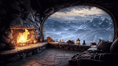 Fireplace With Mountain View GIF