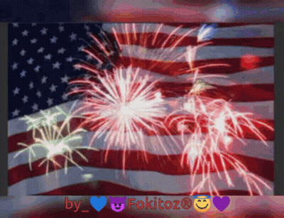 Fireworks Are Displayed In Front Of An American Flag With The Name Fokitoz At The Bottom GIF