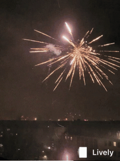 Fireworks Are Displayed In The Night Sky With A Lively Logo In The Corner GIF