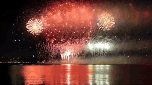 Fireworks Display Over A Body Of Water With A City In The Background GIF