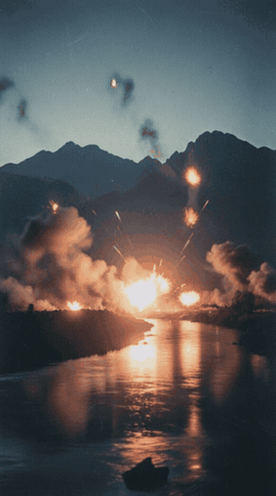 Fireworks Exploding Over Water In Front Of Mountains GIF