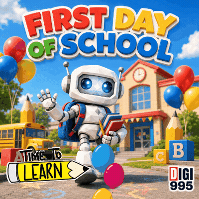 First Day Of School Robot Holding Books And Balloons GIF