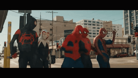 Five Spooderman Walking On Street GIF