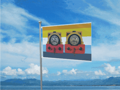 Flag With Two Train Faces GIF
