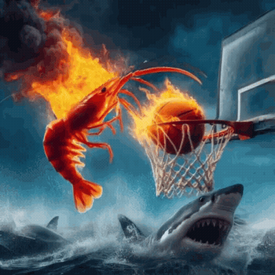Flaming Shrimp Playing Basketball With Sharks GIF