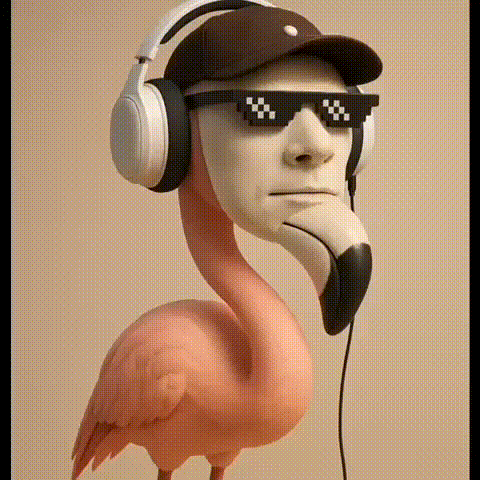 Flamingo With Headphones And Sunglasses With Man's Face GIF