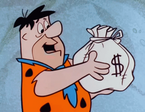flintstone is holding a bag of money with a dollar sign on it