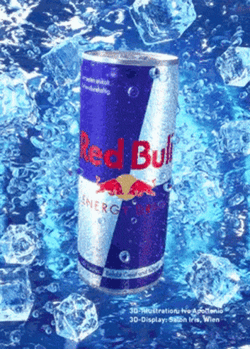 Floating Red Bull Surrounded By Ice Cubes GIF