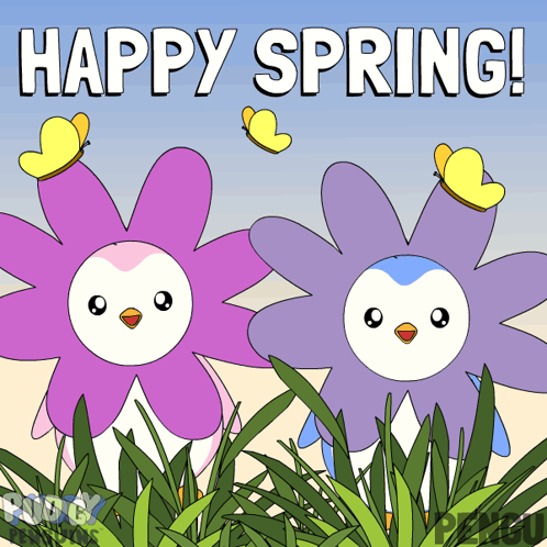 Flower Penguins With Butterflies Say Happy Spring GIF
