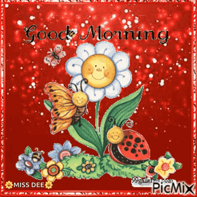 Flower With Ladybug And Butterfly Saying Good Morning GIF