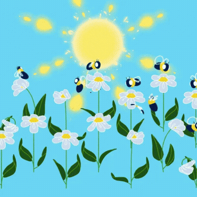 Flowers And Bees With Sun GIF
