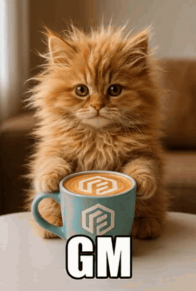 Fluffy Kitten Holding Blue Coffee Cup With GM GIF