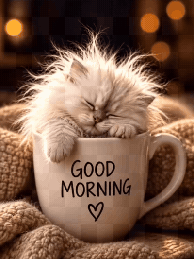 Fluffy Kitten Sleeping in Good Morning Cup