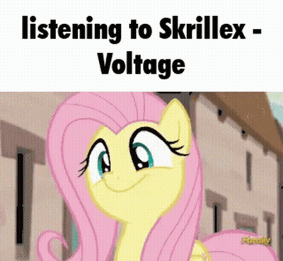 Fluttershy Smiling Listening to Skrillex Voltage