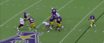 Football Game Players In Purple And Yellow Jerseys GIF
