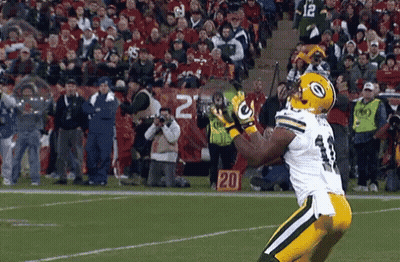 Football Player Catching Pass In Front Of Crowd Sign Saying 20 GIF