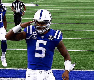 Football Player In Blue Jersey Number 5 Salutes GIF