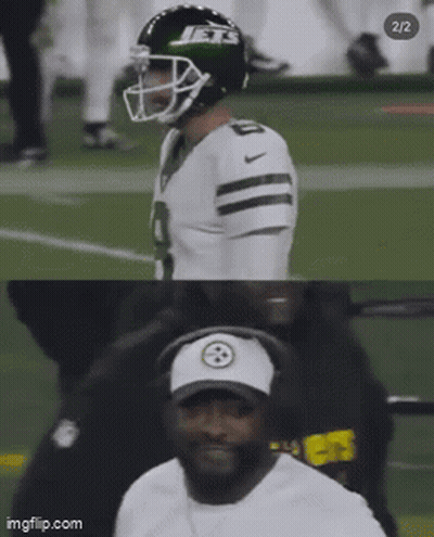Football Player In Jets Helmet Next To Man In Steelers Hat GIF