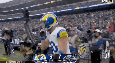 Football Player In Rams Uniform Celebrating Touchdown Against Ravens GIF