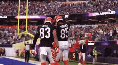 Football Players Boyd And Higgins Celebrate A Touchdown On The Field GIF