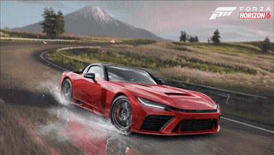 Forza Horizon 4 Red Sports Car Driving Down Wet Road GIF