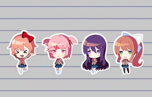 Four Anime Characters Are Lined Up In A Row On A Grey Background GIF