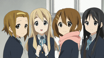 Four Anime Girls Standing Together One In Pink Scarf GIF