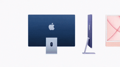 Four Apple Computer Monitors In Different Colors Are Lined Up On A White Background GIF