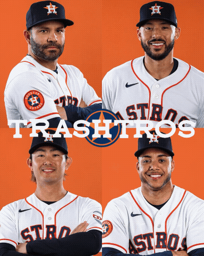 Four Astros Players Posing For A Picture With The Word Trashitos Written Above Them GIF
