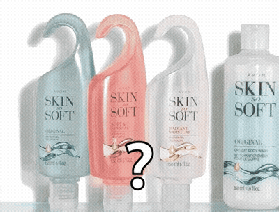 Four Bottles Of Avon Skin So Soft Are Lined Up GIF