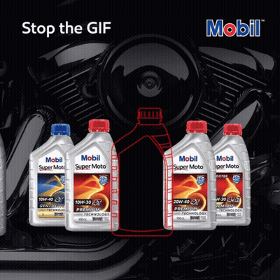 Four Bottles Of Mobil Super Moto Motor Oil Are Lined Up In Front Of A Motorcycle GIF