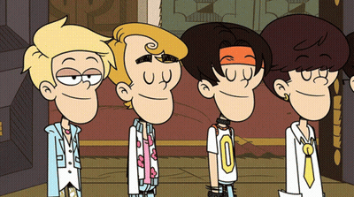 Four Cartoon Characters Are Standing Next To Each Other With One Wearing A Shirt That Says 0 GIF