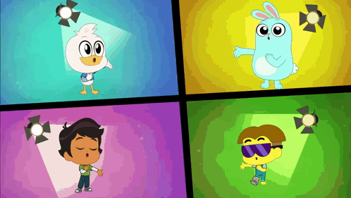 Four Cartoon Characters In Front Of Spotlights GIF