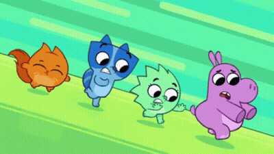 Four Cartoon Characters Running In A Line With Hippopotamus GIF