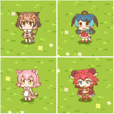 Four Cartoon Characters Standing On Green Field With Flowers GIF