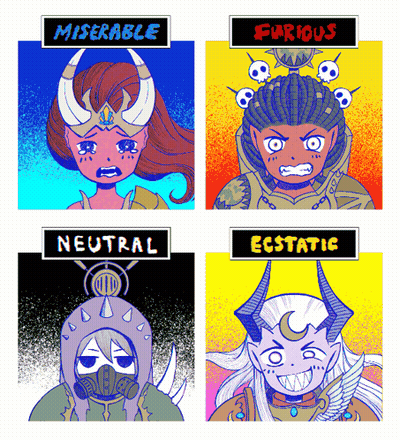 Four Cartoon Characters With The Words Miserable Neutral Furious And Ecstatic Above Them GIF