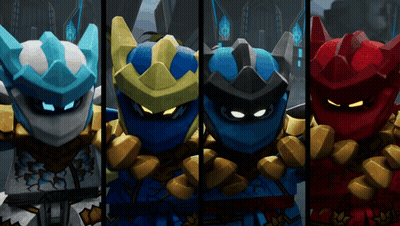 Four Different Colored Ninjas Are Standing Next To Each Other In A Row GIF