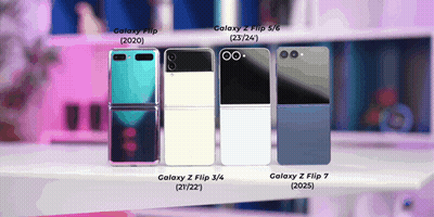 Four Galaxy Z Flip Phones Are Lined Up On A White Table GIF