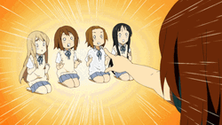 Four Girl Anime Bow While Being Pointed GIF