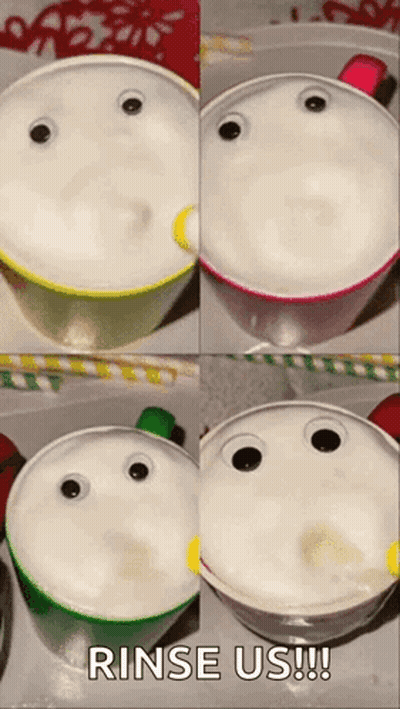 Four Googly Eye Cups Saying Rinse Us GIF