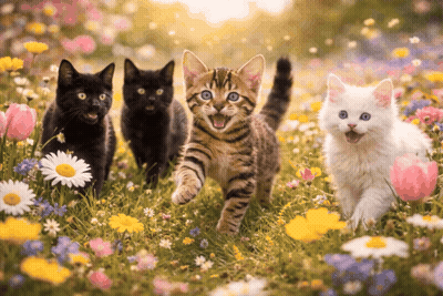 Four Kittens Running In A Field Of Flowers GIF