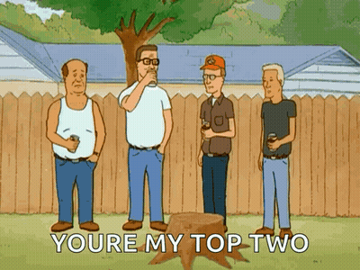 Four Men Next To Tree Stump Saying Youre My Top Two GIF