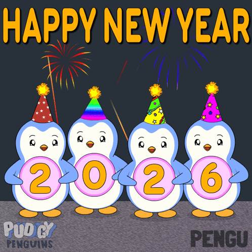 Four Penguins Wearing Party Hats Are Holding A Sign That Says Happy New Year GIF