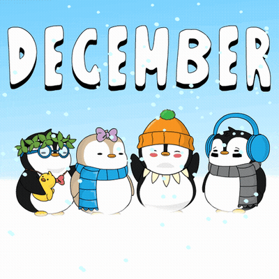 Four Penguins Wearing Scarves And Hats Are Standing In The Snow With The Word December Above Them GIF